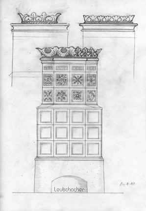 Stilofenskizze, Weißer Kachelofen antik, eine historische Vorlage für diesen runden Stilofen mt Glastüre