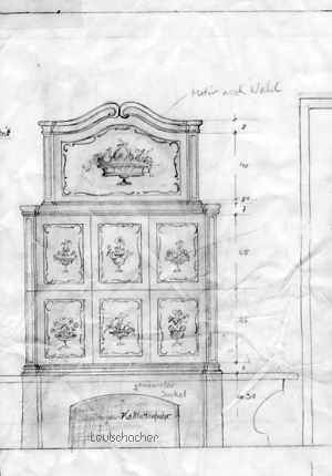 Stilofenskizze, Kachelofen Barock, eine historische Vorlage für diesen Stilofen mit großer Glastüre